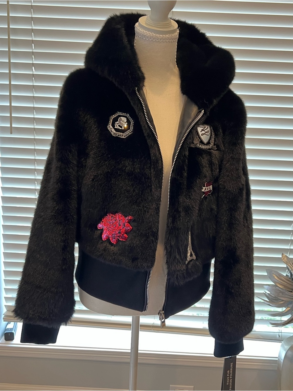NWT Karl Lagerfeld Paris Faux Fur Hooded Jacket Black Size M
